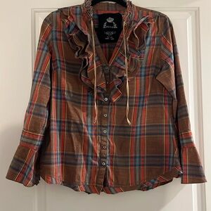 Cino plaid and ruffle button down shirt